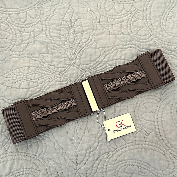 Pewter Gray Weave Gold Clasp Women’s Elastic Wide Belt M New With Tags Medium - Picture 1 of 8